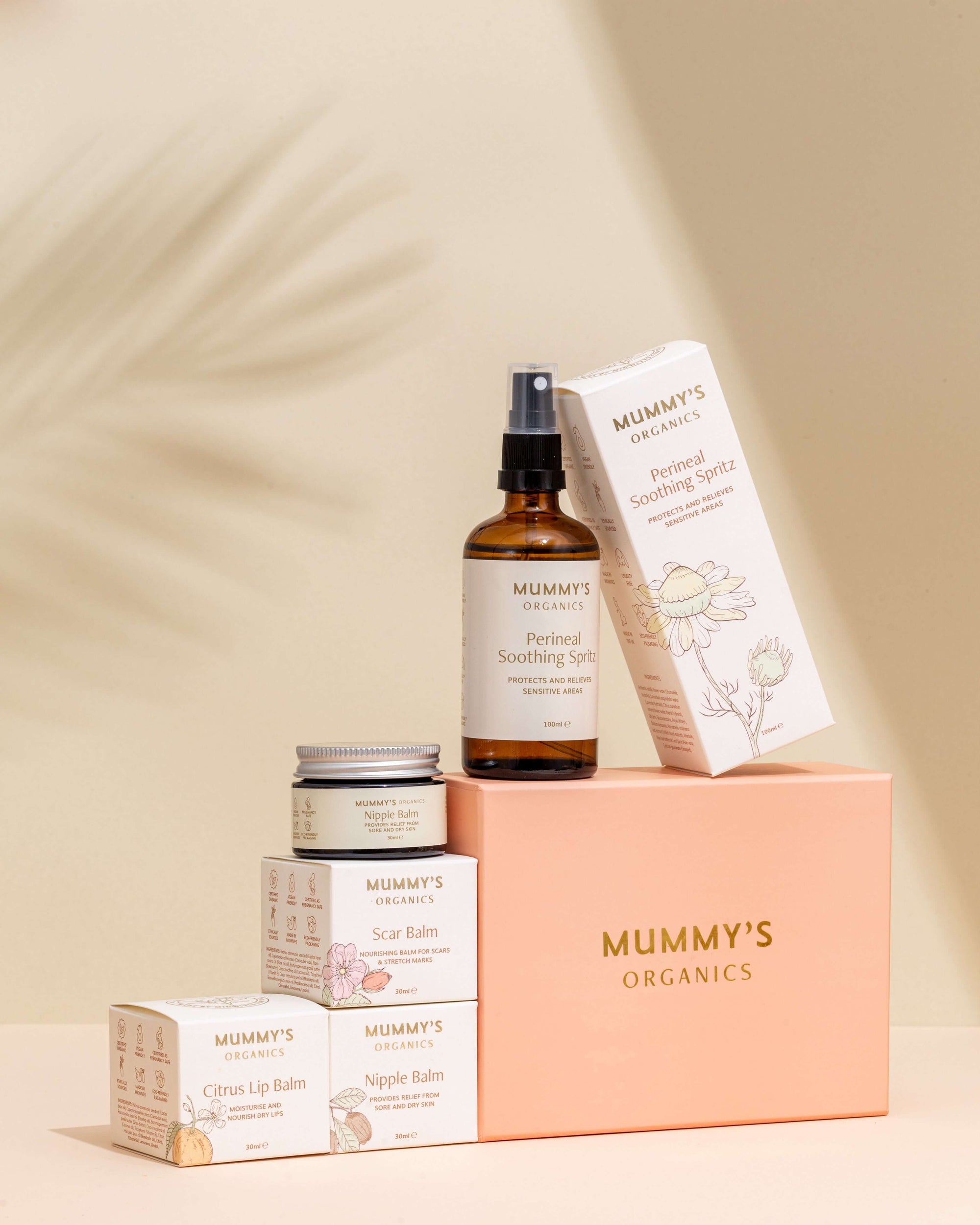 Photo of Mummy's Organics New Mum Gift Box from the front with the individual products laid out