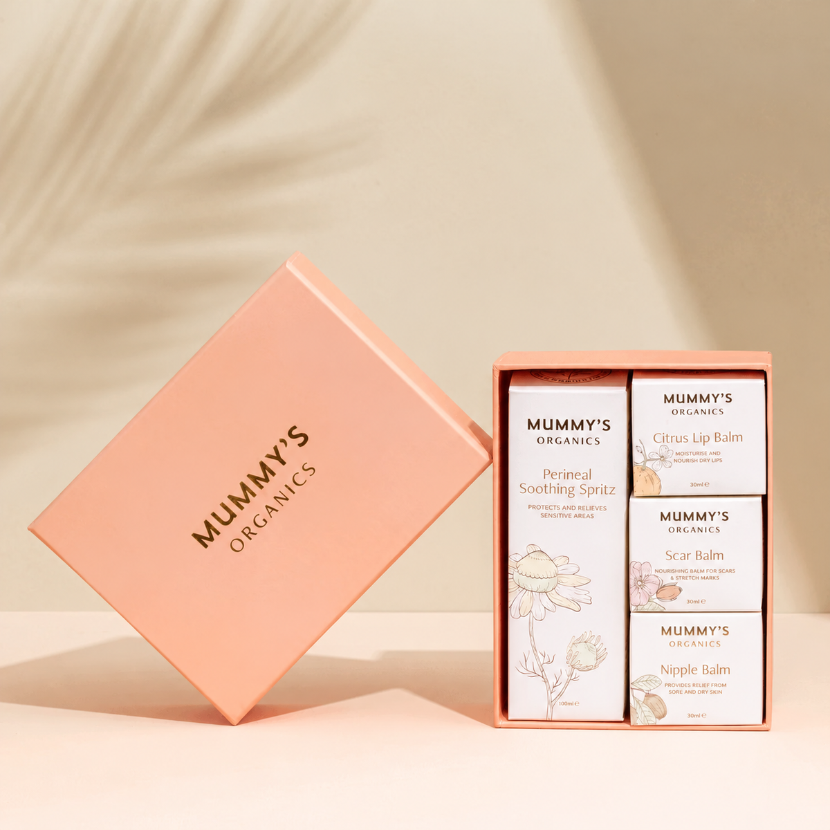 New Mum Gift Box on a warm beige studio background.