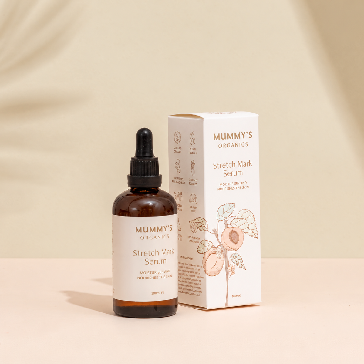 Organic Stretch Mark Serum on a warm beige studio background.